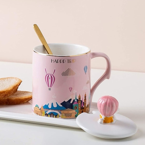 Dryckestillbehör 400ml 3D Tecknad Keramisk Kaffemugg Med Luftballonglock Och Guldsked Morgonmjölk Tekoppar Rosa Söt Kopp För Kvinnor Flickor Gi