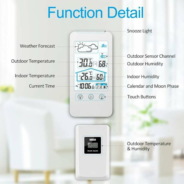Trådlös väderstation, inomhus trådlös digital inomhus termometer hygrometer barometer väderstation klocka med utomhussensor (vit??)