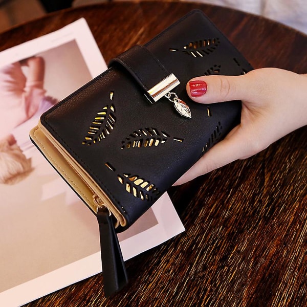Naisten lompakko PU-nahkainen kukkaro Naisten pitkä lompakko kultainen ontot lehdet pussi käsilaukku naisille kolikkokukkaro korttipidike kytkin, 1kpl-musta