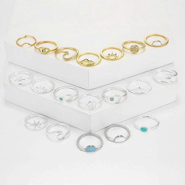 Boho Stackbara Ringar för Kvinnor Guld Knogring Set Enkla Stjärna Måne Blomma Ringar för Tonårsflickor Stackbara Estetiska Ringar Presenter för Tonåringar