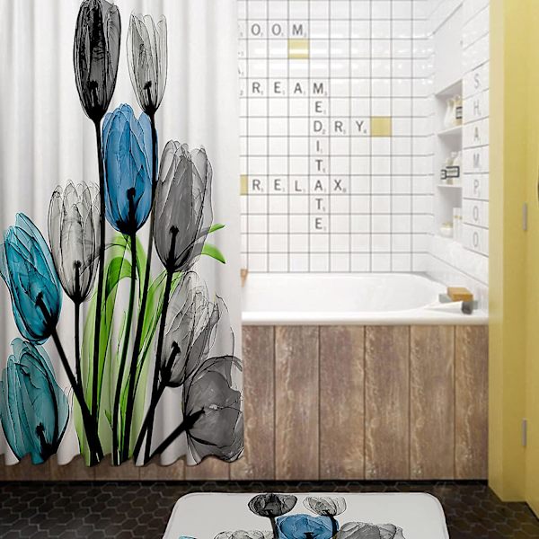 4-delad duschdraperi-set med tulpanblommor, halkfria mattor, toalettlockskydd och badmatta