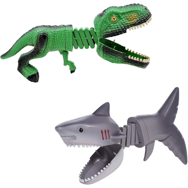 Crazy Hungry Dinosaur Shark Grabber Sæt med 2 Chomper med 12 små fyre figurer Dukke T-rex Claw Game Sjovt legetøj til børn i alderen 3+ (grøn Dino+haj)