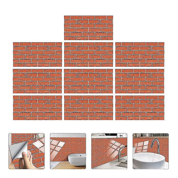 10 stk Rød murstein klistremerker Imiterte fliser veggklistremerker Dekorativ veggbakgrunn