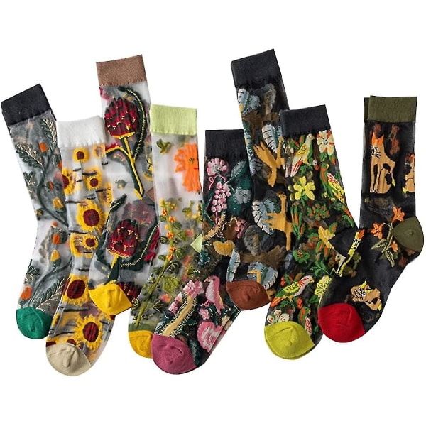 8 par gennemsigtige sokker til kvinder, vintage broderede blomsterstrømper, kokette æstetiske netstrømper
