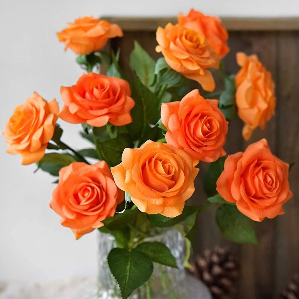 Real Touch Brända Orange Rosor Konstgjorda Blomma 10 Stjälkar Siden Rosor 'färska Som