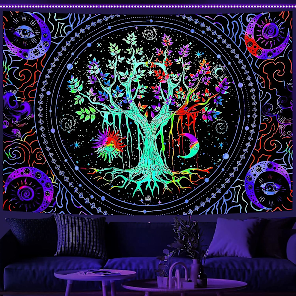 Blacklight Livets Träd Tapestry Väggbonad Trippy Tapestry UV-Reaktiv Väggbonad Galaxy Tapestry Blacklight Tapestry För Sovrum (130x150cm)