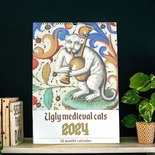Rumien keskiaikaisten kissojen kalenteri 2024 Weird Cats -kalenteri Hauska seinäkalenteri lahja