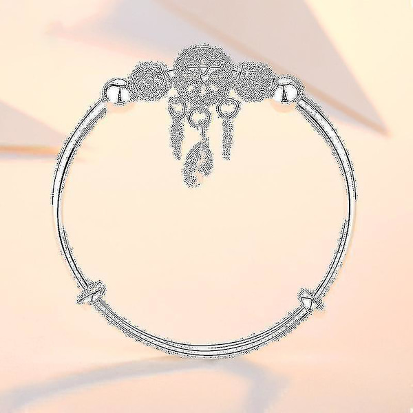 Justerbart 925 Sterling Silver Dreamcatcher Tassel Feather Round Bead Charm Armband & Bangle för kvinnor Elegant Smycken Sl209