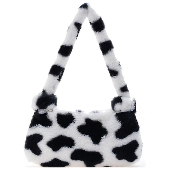 Handväska INS Fashion Versatile Axelväska Vintage Mini Plysch Underarm Handväska Ko Zebra Leopard Tryck Tote Väskor Bärduk För Kvinnor（Mjölkko）