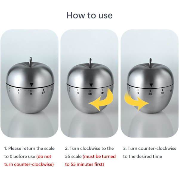 Apple Kjøkken Timer Manuell, Rustfritt Stål Mekanisk Roterende Alarm 60 Minutter Nedtelling Søt Apple-Formet Timer for Kjøkken Matlaging Læring