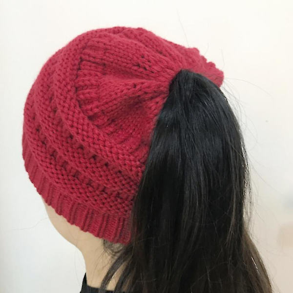 Damernas Hög Messy Bun Beanie Hatt med Hästsvanshål, Vintervarm Trendig Stickad Skidmössa