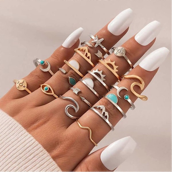 Boho Stackbara Ringar för Kvinnor Guld Knogring Set Enkla Stjärna Måne Blomma Ringar för Tonårsflickor Stackbara Estetiska Ringar Presenter för Tonåringar