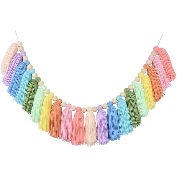 Drcor Pastel Regnbåge Pompom Girlang Färgglad Banner Träpärla Fiesta Flickrum Vägg Klassrum Kontor Barnkammare Bi