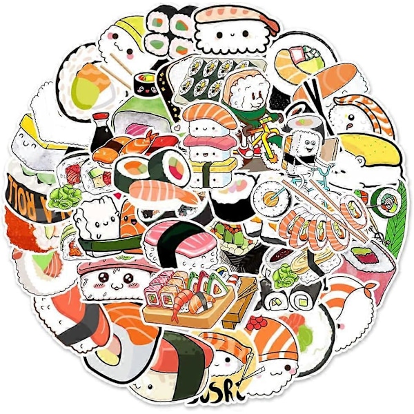 50-pack Sushi-klistermärken Rullade Ris-klistermärken Vattenflaska Laptop Telefon Motorcykel Gitarr Skateboard Vinylklistermärke Vattentät Dekal för Tonåringar Vuxna