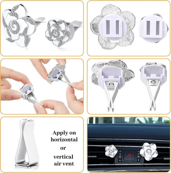 2 stk. Bling-ventilationsklips til bil - Kamelia-krystalventilationsklips - Bilstoftopfriskerklips - Biltilbehør til kvinder og piger (hvid)