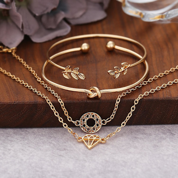 4 stk./sæt Boho-bladknude hult åben bangle armbånd kæde armbånd sæt stabelbar link armbåndssæt