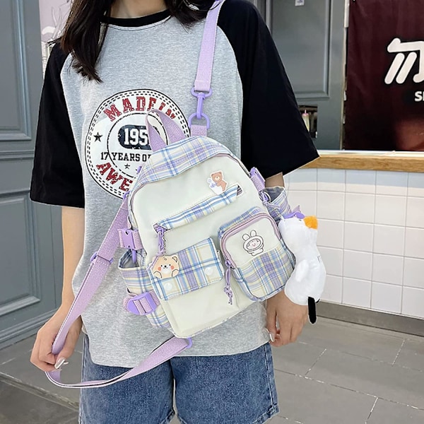 Kawaii Skolväska Student Ryggsäck Rutig Casual Nylon Fräsch Och Söt Söt Tjej Bärbar Ryggsäck Med Hänge (lila)