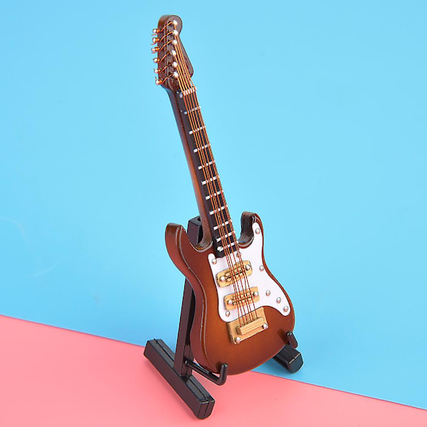 Miniatyr elgitarr modell 10 cm med stativ - Trä samlarobjekt prydnad (vit kaffe)