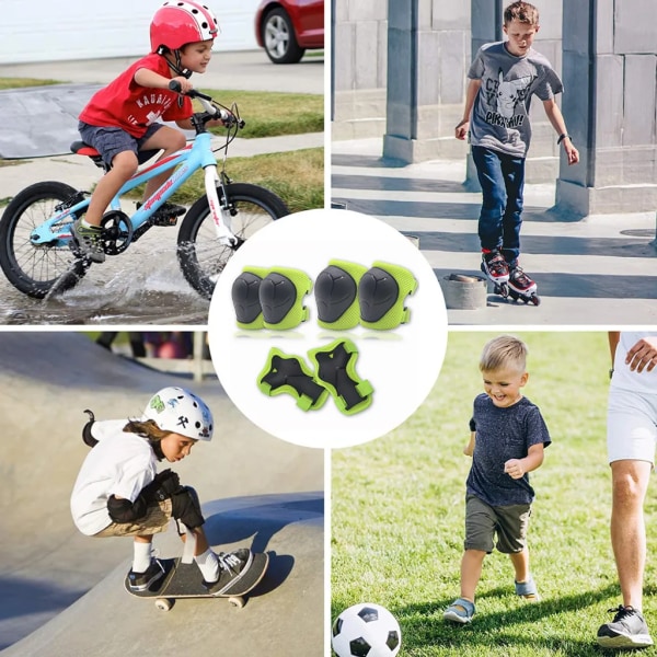 Set för barn - 6 i 1 knäskydd Armbågsskydd Handledsskydd för inline cykling rullskridskoskateboard - Skydd (grön)