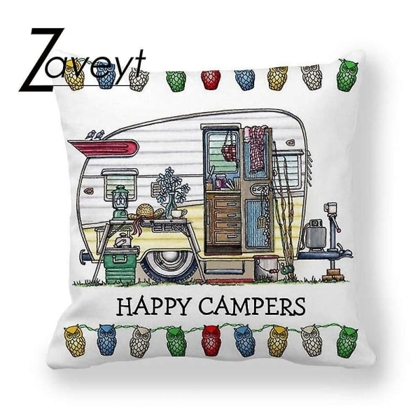 40/45/50/60 cm Multi Size Happy Camper Travel Car Cover Soffa Kuddfodral Vardagsrum Tecknad Husbil Kuddfodral