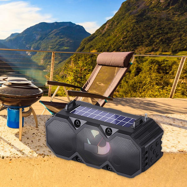 Portabla solcellsdrivna Bluetooth-högtalare, trådlös utomhushögtalare med subwoofer, djup bas, stor kraftfull stereohögtalare med powerbank