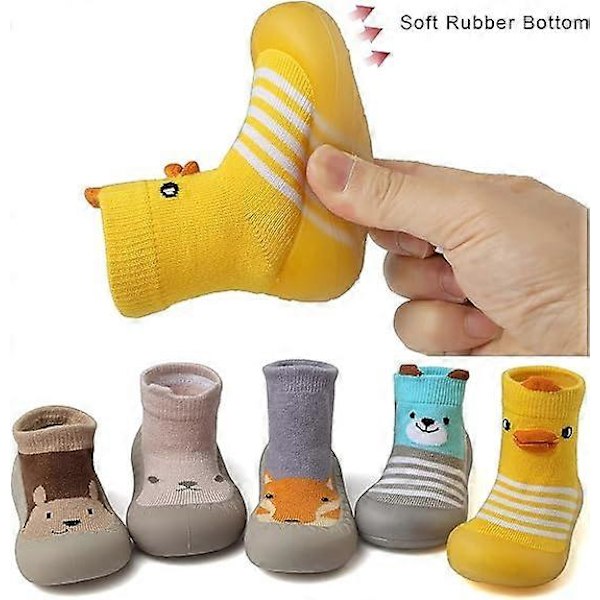 Sock-skor för småbarn, tecknade mönster, mjukt gummisula, halkfria inomhusskor, tofflor för spädbarn, pojkar och flickor, första gångs skor, 9-12 månader