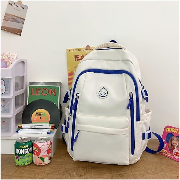 Kawaii Ryggsäck, tjejryggsäck med, juniorryggsäck, skolväska för mellanstadieelever (vitblå)