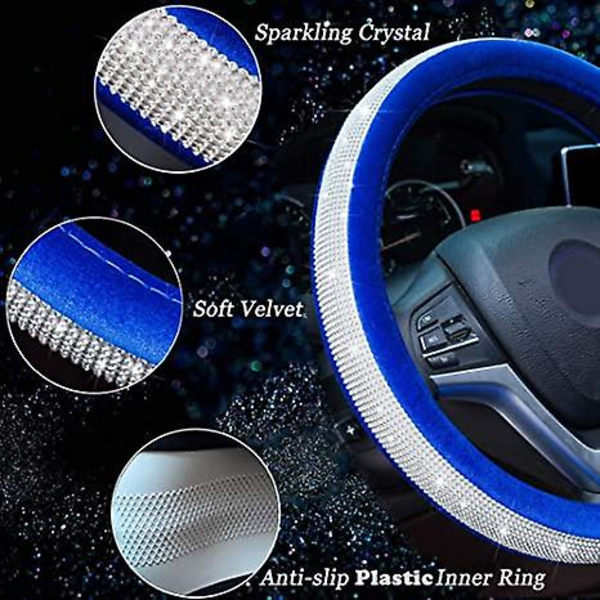 Kristalldiamant rattmuff mjuk sammetskänsla Bling rattmuff för kvinnor Universal 15 tum plyschhjulsskydd Blå sammet Vit Diamo