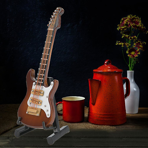 Miniatyr elgitarr modell 10 cm med stativ - Trä samlarobjekt prydnad (vit kaffe)