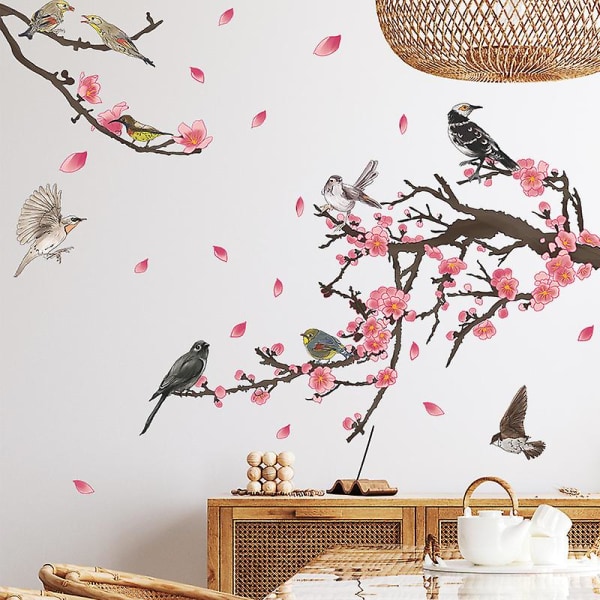 1 sæt Pink Flower Wall Sticker Kirsebærblomst Wall Decal Fugle på Trægren Wall Art Sticker til Stue Kontorer TV Baggrund Vægdekoration