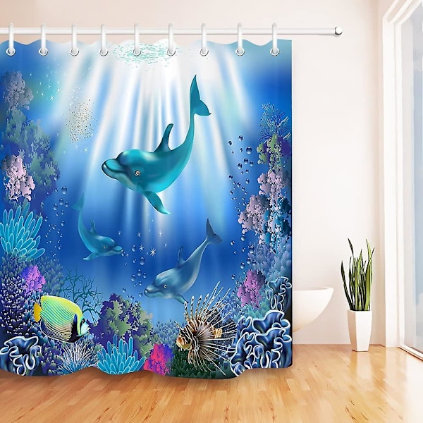 Underwater World med Delfiner och Växter, Duschdraperi med Krokar, 180cm x 180cm