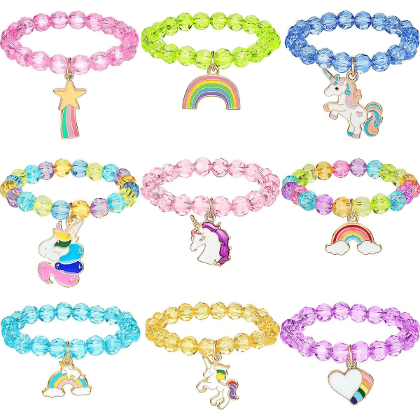 WABJTAM Sæt med 9 farverige Unicorn Armbånd Piger Unicorn Armbånd Regnbue Unicorn Beaded Armbånd til fødselsdagsgaver (krystalstil)