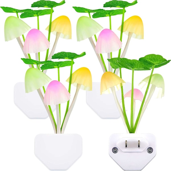 4 stk. nattlys 3 fargeskiftende plugg-inn lyssensor vegglampe, LED sopp nattlys sensor skumring til daggry sensor nattlys for barn voksne
