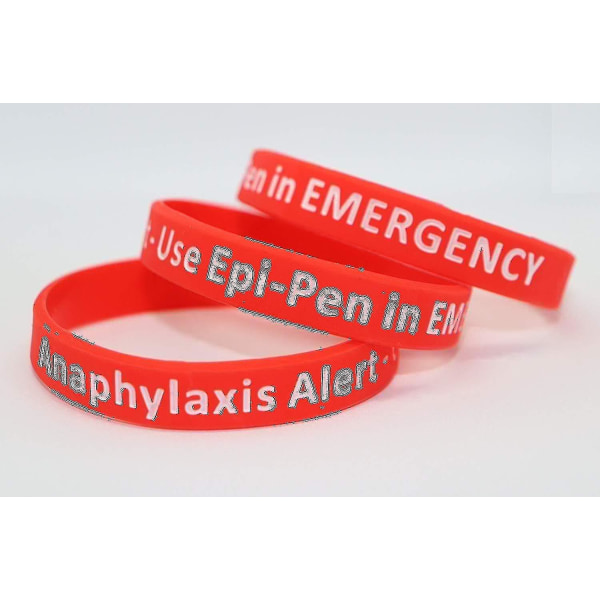 3-paks Anafylaksi Epi-penn Medical Alert Id Silikon rødt armbånd 212 mm, standard voksen håndledd, én størrelse, mange farger (rød)