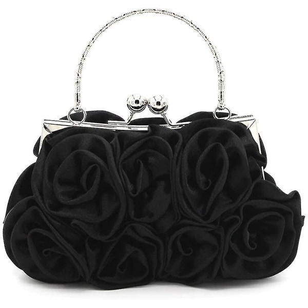 Naisten kukkasatiini-iltakäsilaukku (musta)