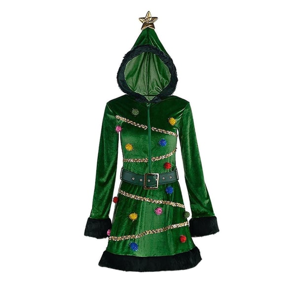 Kvinder juletræskjole polyester hætte lange ærmer pailletter fancy kjole julescene kostume（XL）
