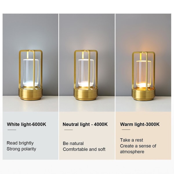 Lumison Crystal Lantern Bordlampe, lumison krystalllampe, bærbar metallbordlampe, 3 farger oppladbar trådløs LED-lampe - Snngv (gull)
