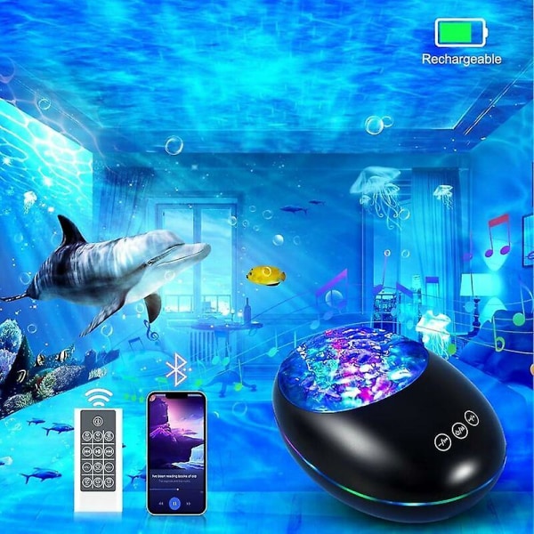 Nattlampa för projektor med fjärrkontroll och timer, USB laddningsbar, Bluetooth projektorlampa med 8 färglägen och 8 naturmelodier kompatibel Ki