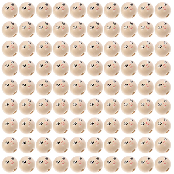 100 st runda träpärlor DIY-pärlor med skrattande ansikte (22 mm)