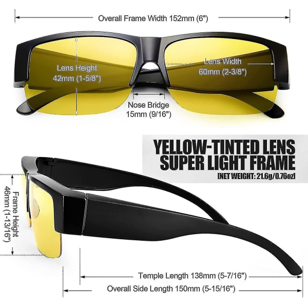 Nattkjøringsbriller passer over briller, HD-polariserte overdimensjonerte nattsynsbriller for menn og kvinner