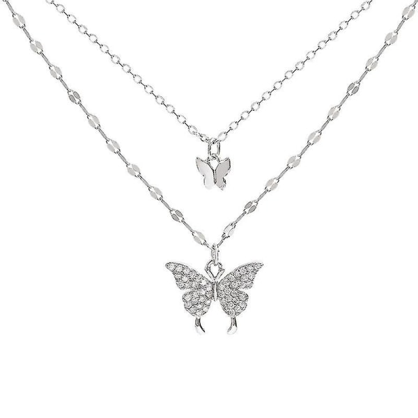 dobbeltlags sommerfuglkjede for kvinner kragebenskjede (sølv)