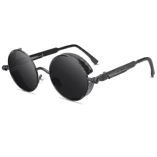 Steampunk Solbriller Vintage Goggles Mænd Kvinder Hippie Circle Uv 400 Cyberpunk Solbriller Eyewear（Sort stel Grå linser）