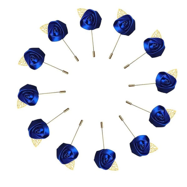 Bryllupsbobdiy 12 stykker/parti Groom Boutonniere Bryllup Silke Rose (3,5 cm) Blomster Tilbehør Prom Pin Man Suit Dekoration Royal Blue