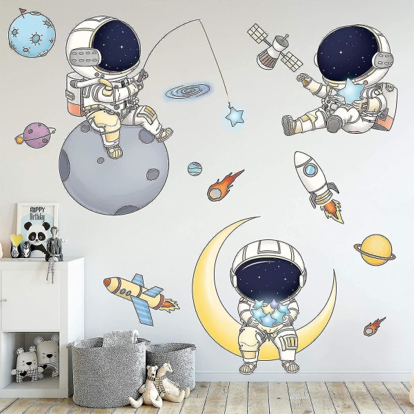 Astronaut veggklistremerker for gutter soverom, tegneserie rommann ytre planet Kreativt gjør-det-selv kunst vinyl avtagbart veggdekor, stjerne romskip Ufo Glaxy bakgrunnsbilde