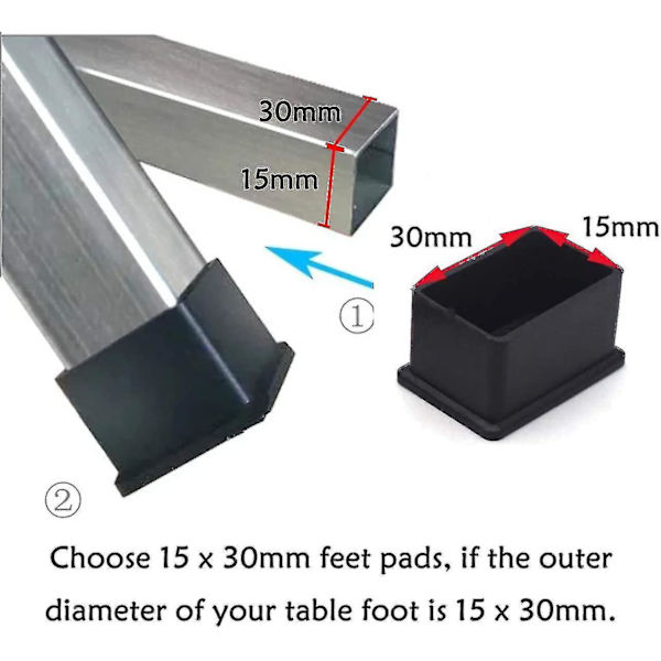 12-pack 15 x 30 mm svarta rektangulära gummifiltskydd för bord eller stolsben - d