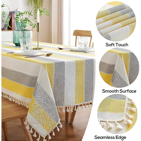 Randig Duk med Toppar, Sydd Rektangulär Bordsduk i Bomull och Linne, Bordsöverdrag för Kök och Matbord, 137 x 259 cm Gul