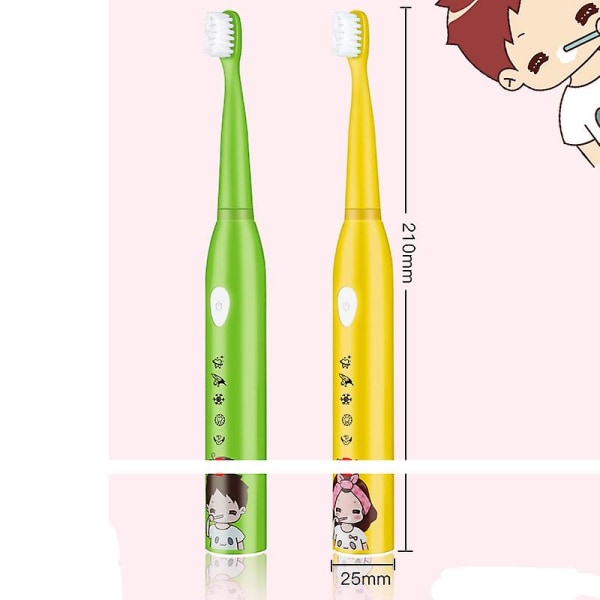 Elektrisk tannbørste for barn, automatisk tegneserievanntett tannbørste, Sonic USB-lading 4 børstehoder（gule）