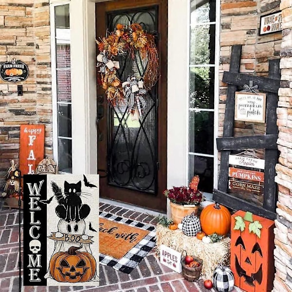 Halloween Spöke Katt Boo Trädgårdsflagga 12x18 Tum Liten Dubbelsidig Burlap Välkommen Säsongsbetonad Semestergård Utomhus