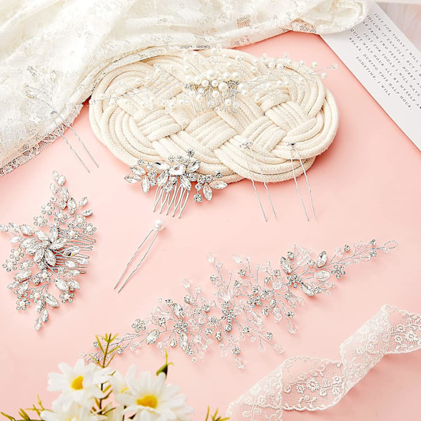 44 stycken bröllopshårkammar med konstgjorda pärlor, kristaller, brudhåraccessoarer, sidokammar, klämmor, U-formade blommor, strass, pärlklipp för bruden