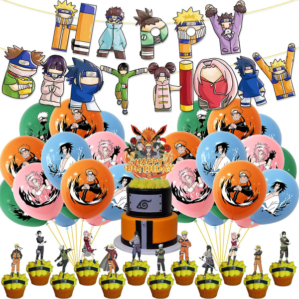 Naruto-tema Födelsedag Drag Banner Ballong Tårta Set Naruto Anime Festdekoration Tillbehör